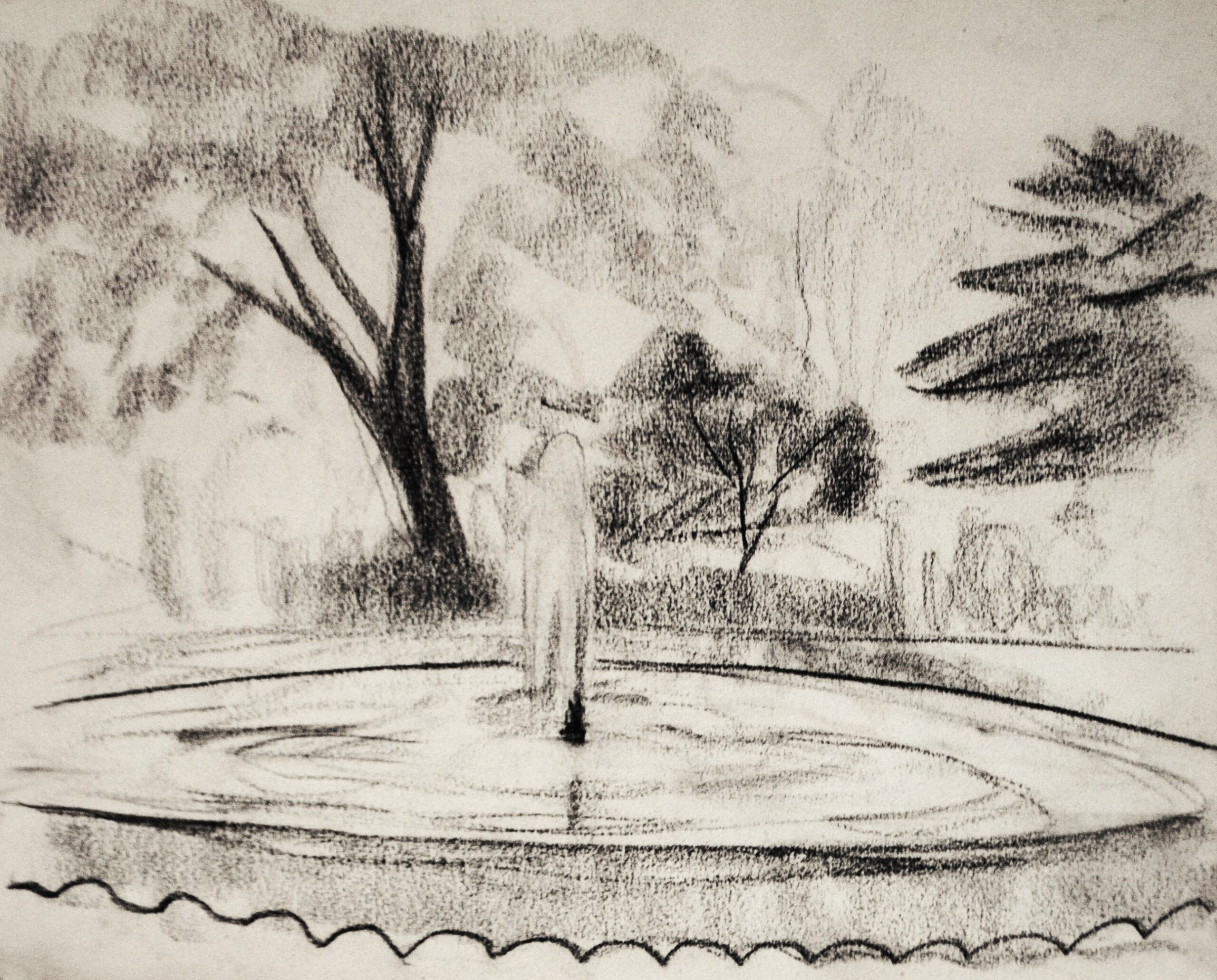 Dibujo de José Manaut titulado Fuente, París, 1923. Carboncillo sobre papel.