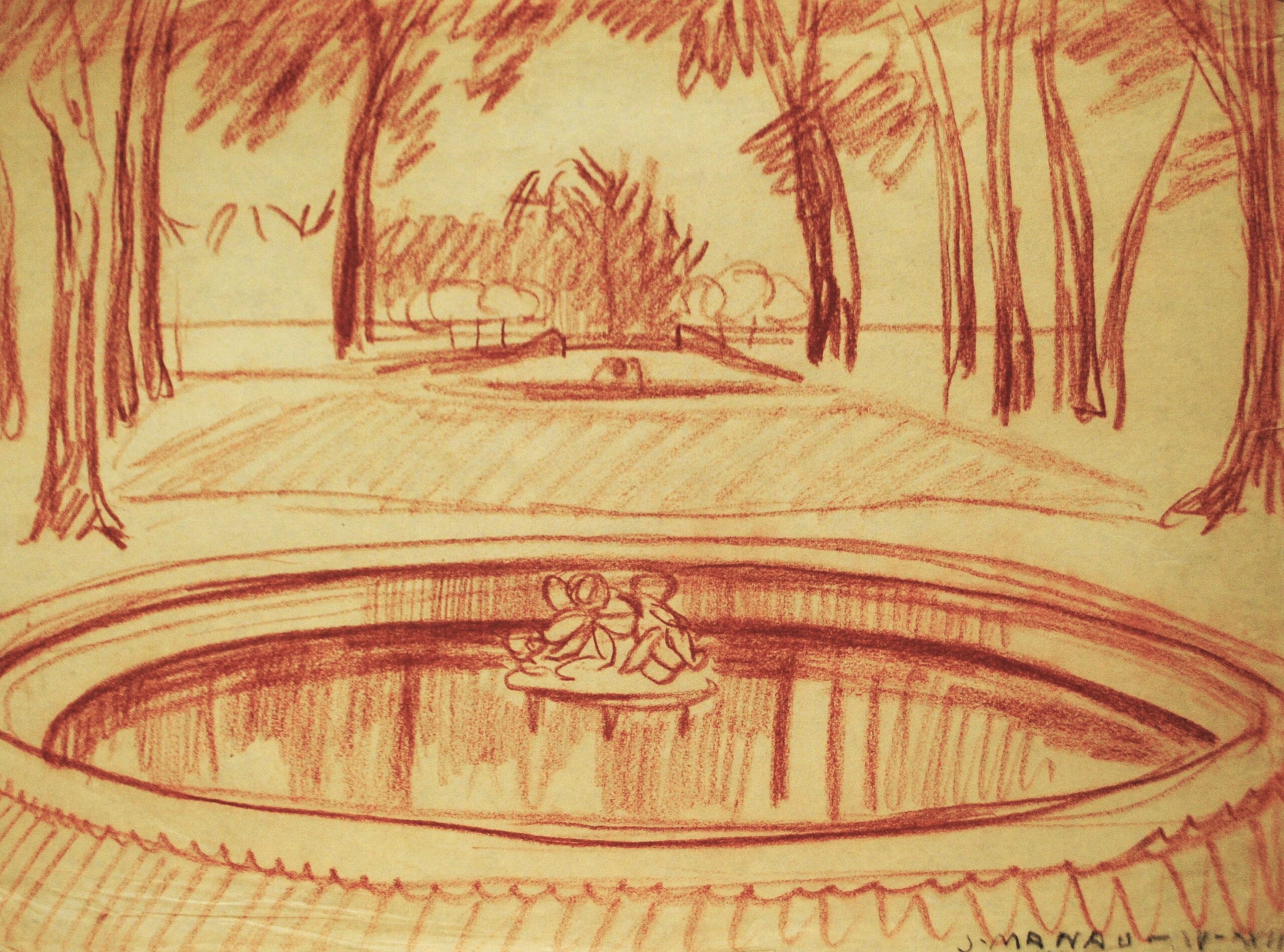 Dibujo de José Manaut titulado Fuente, Versalles, 1923. Lápiz color sobre papel.