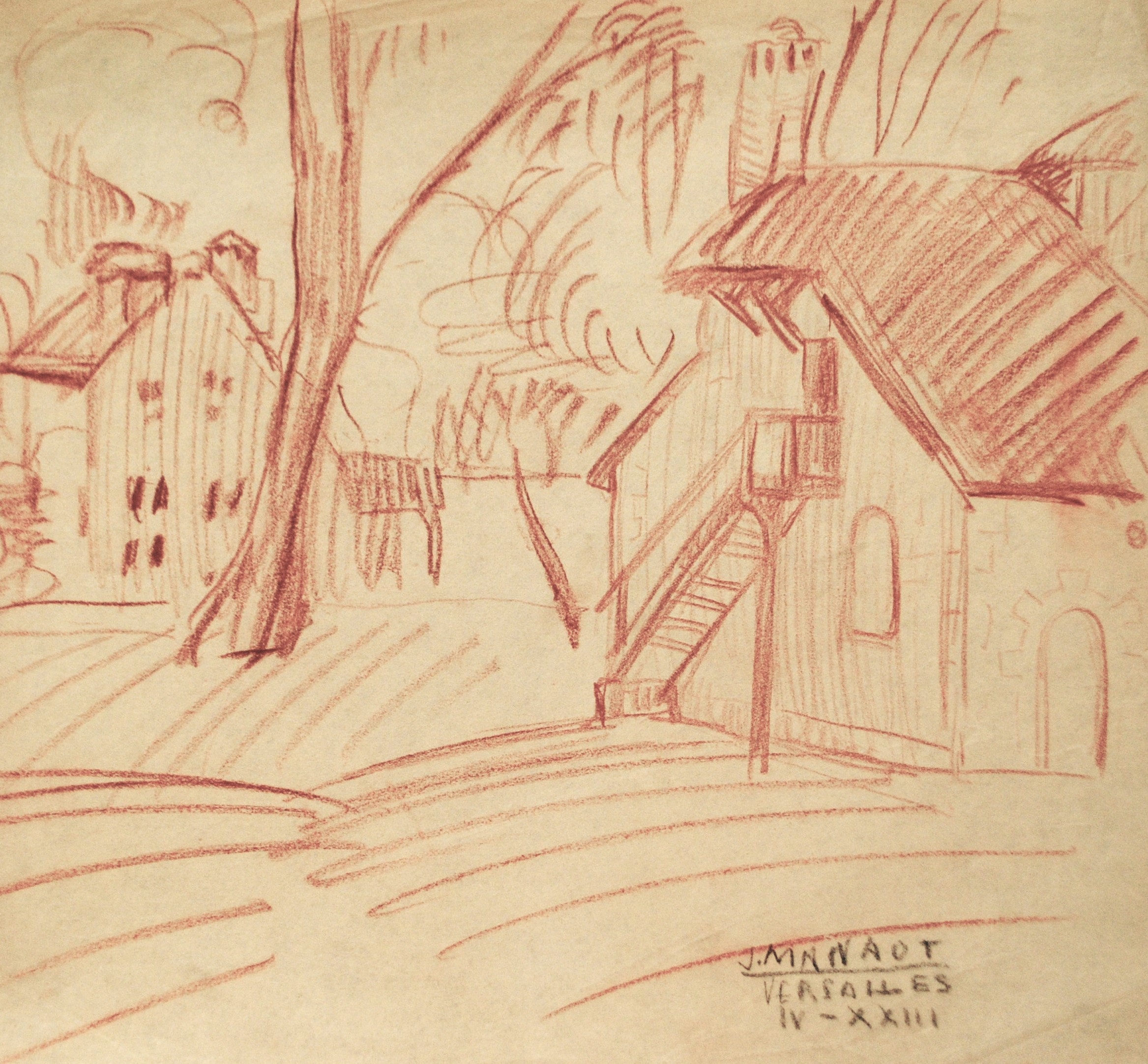 Dibujo de José Manaut titulado Casas con árbol, Versalles, 1923/24. Lápiz color sobre papel.