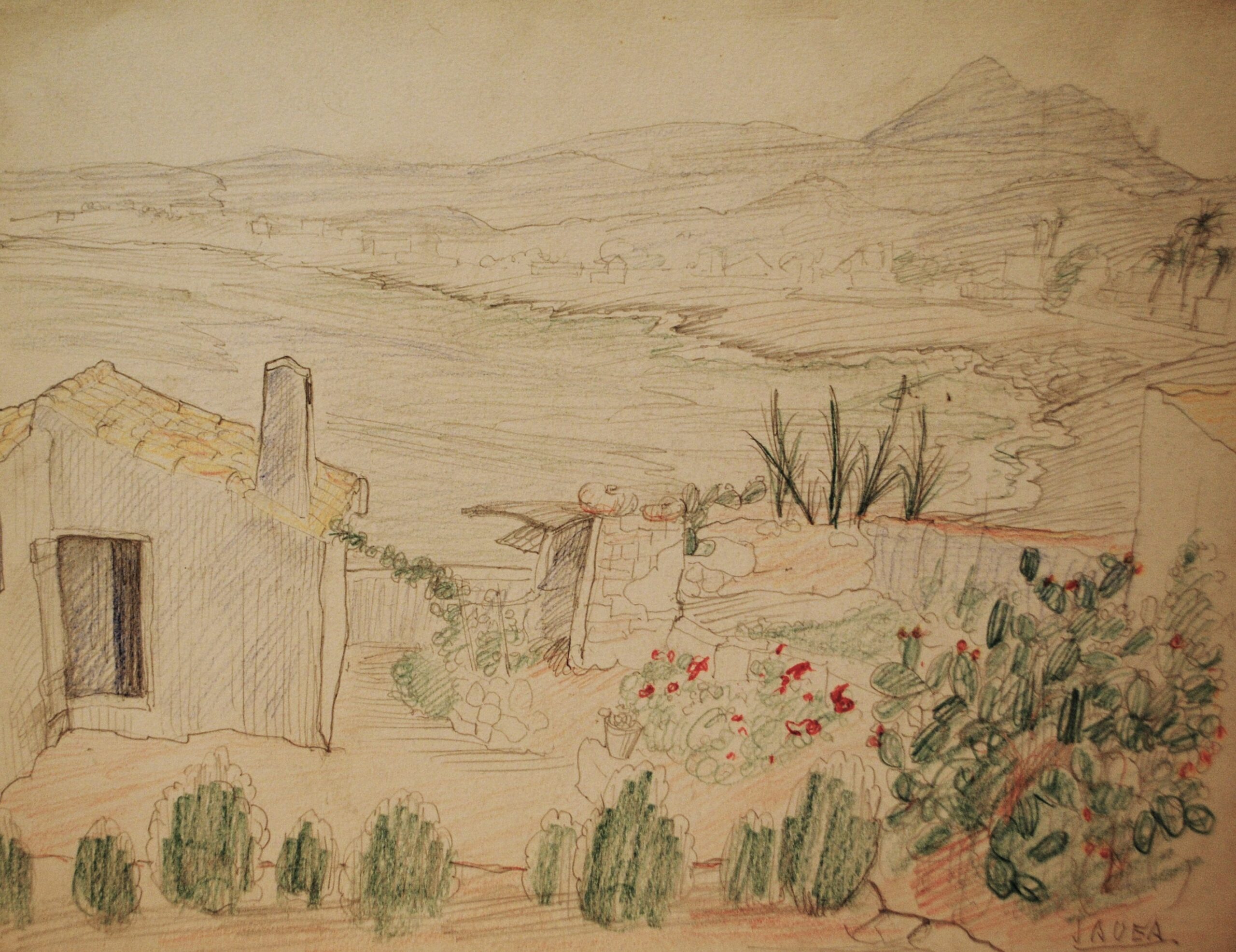 Dibujo de José Manaut titulado Casa de Campo, Jávea. Lápiz sobre papel.