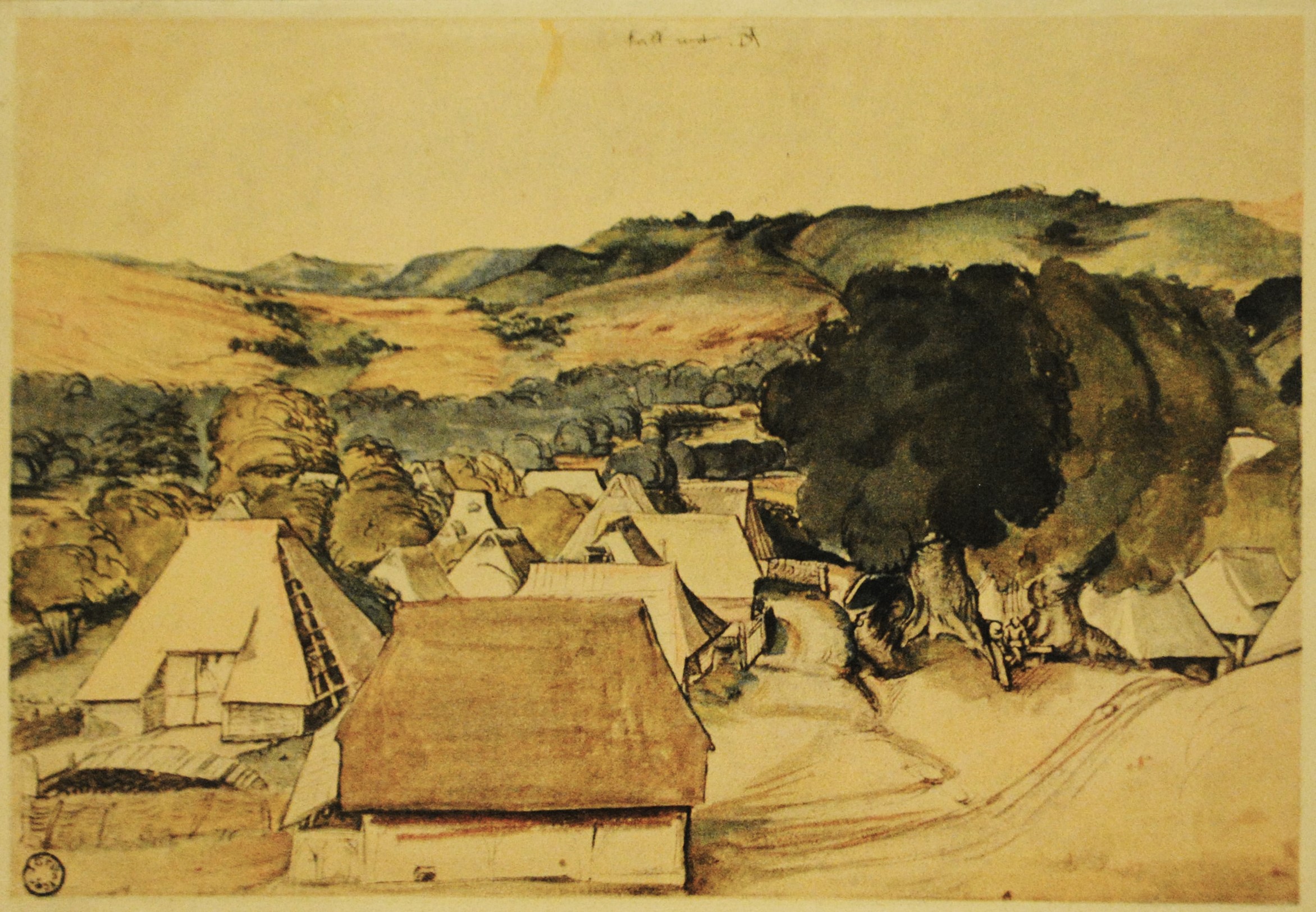 Dibujo de José Manaut titulado Casas de campo y árboles. Acuarela.