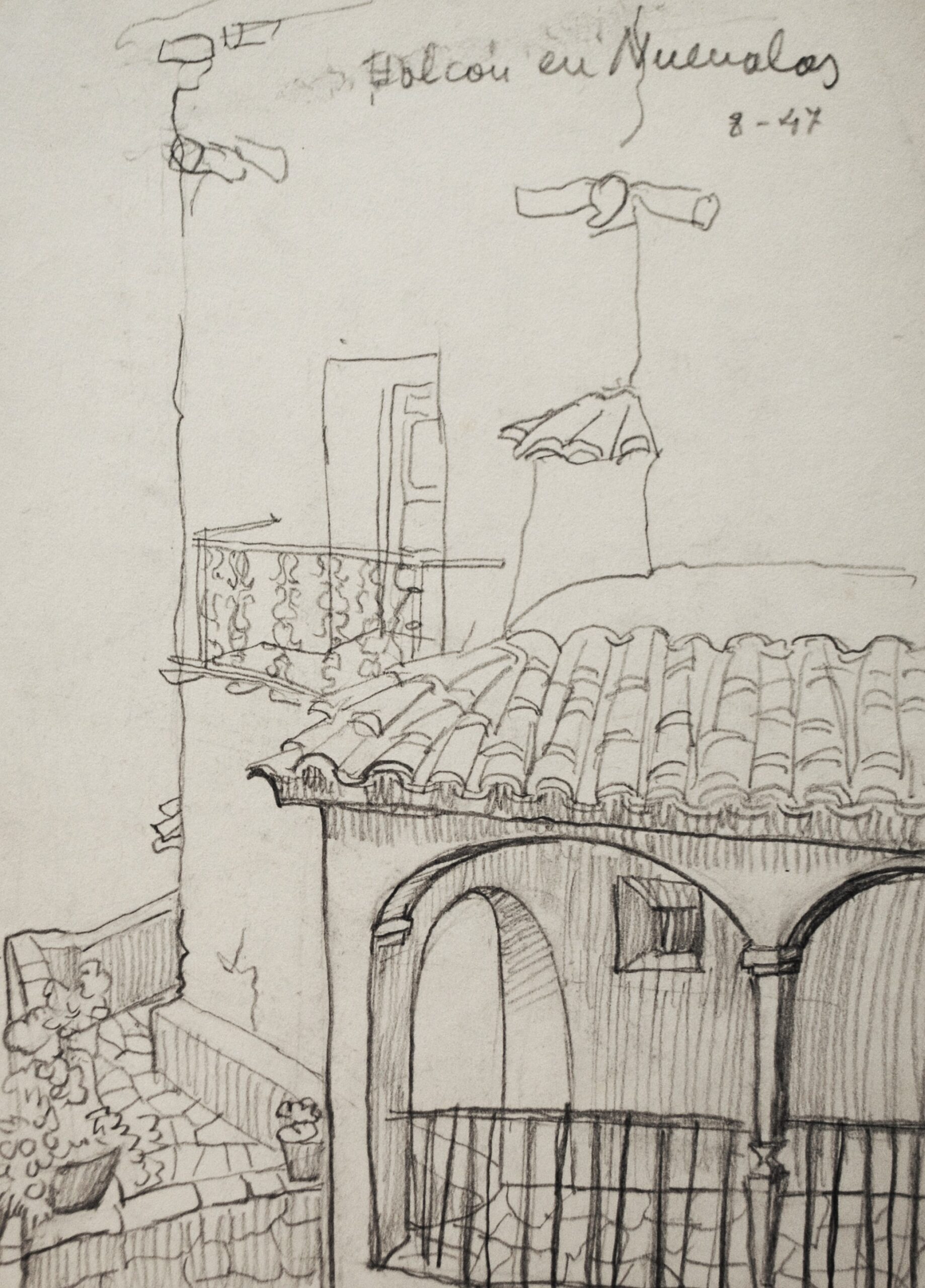 Dibujo de José Manaut titulado Balcón en Nuévalos, Durango, 1944. Lápiz sobre papel.