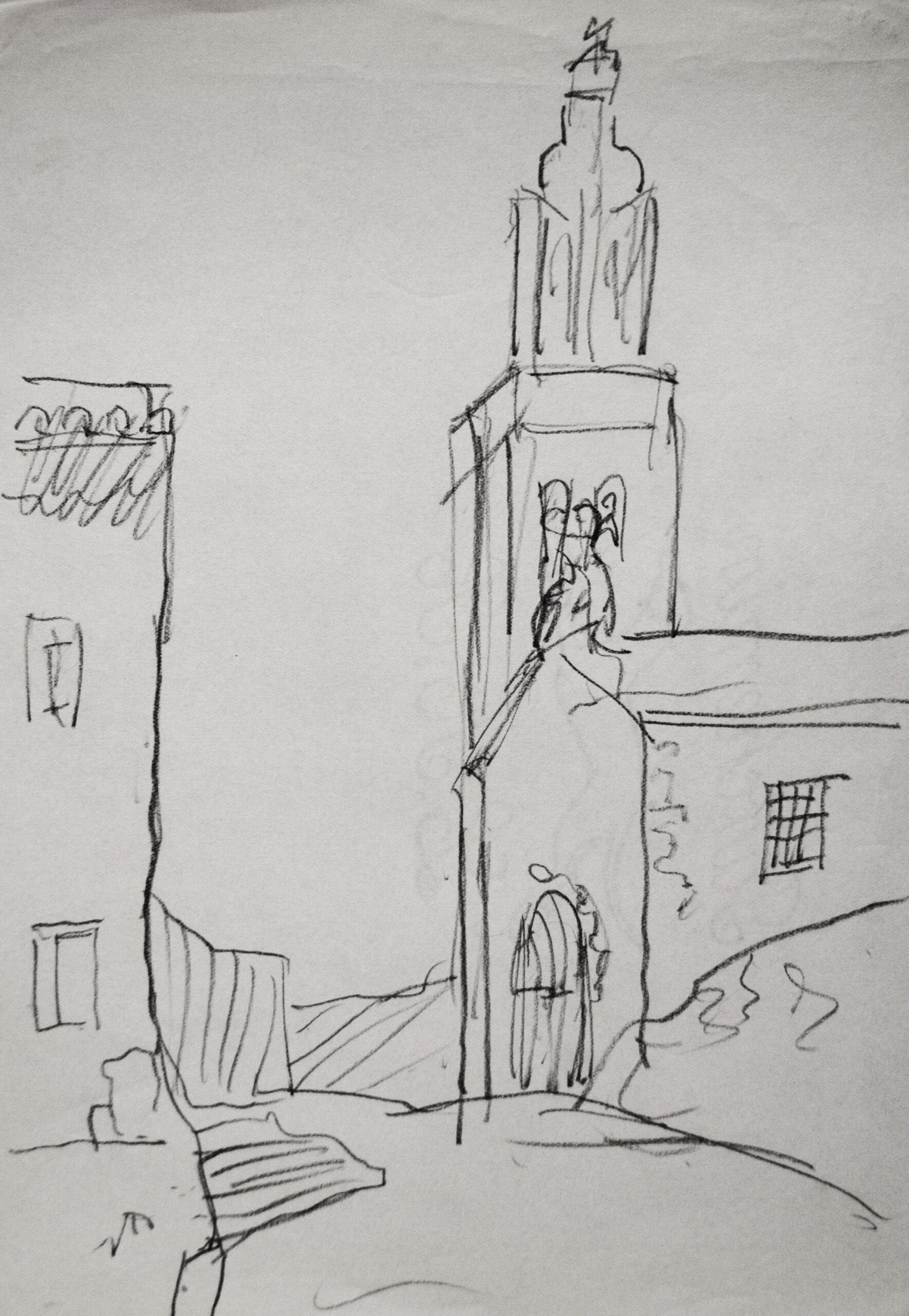 Dibujo de José Manaut titulado Calle con iglesia. Carboncillo sobre papel.