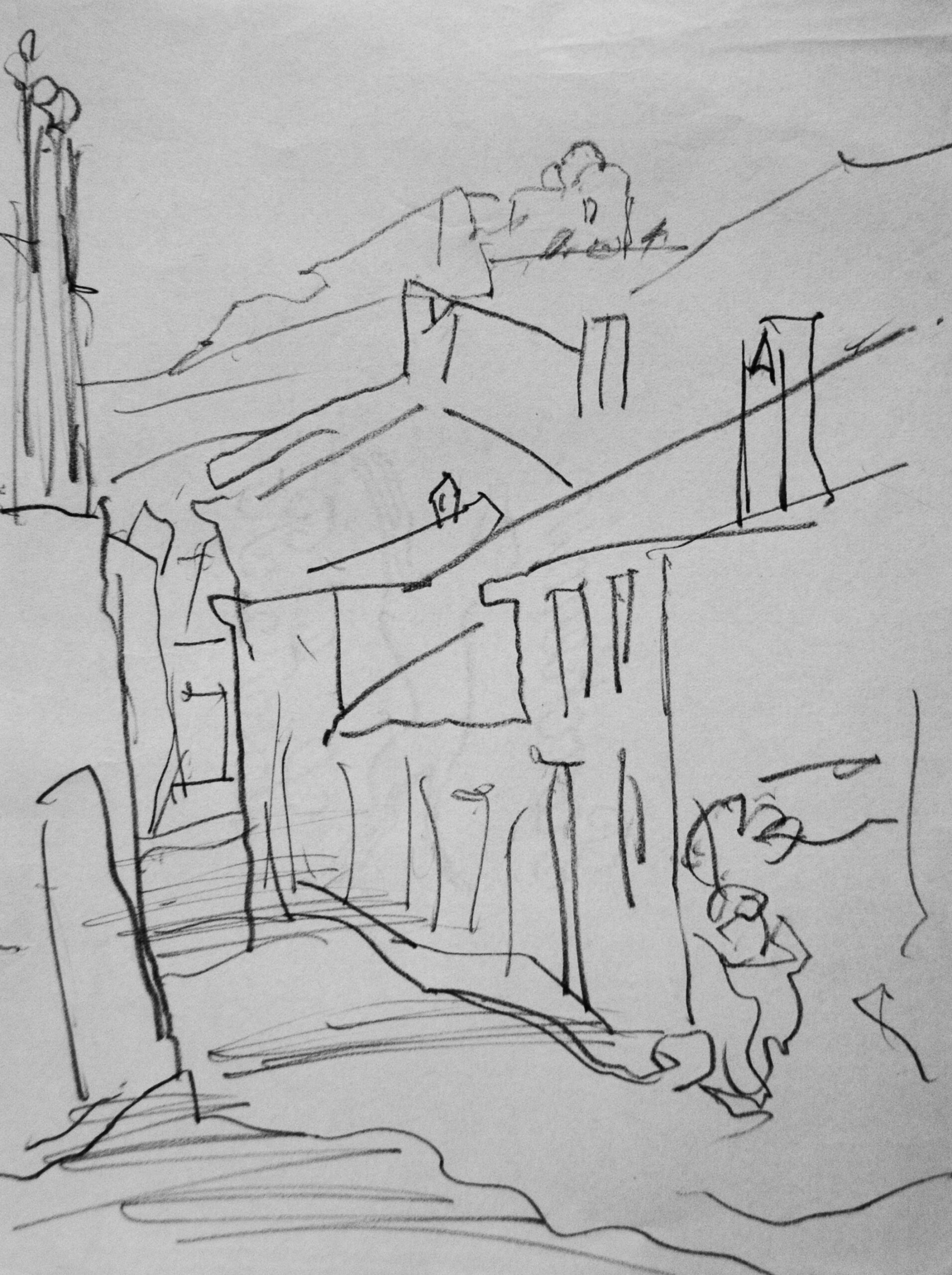 Dibujo de José Manaut titulado Calle de pueblo. Carboncillo sobre papel.