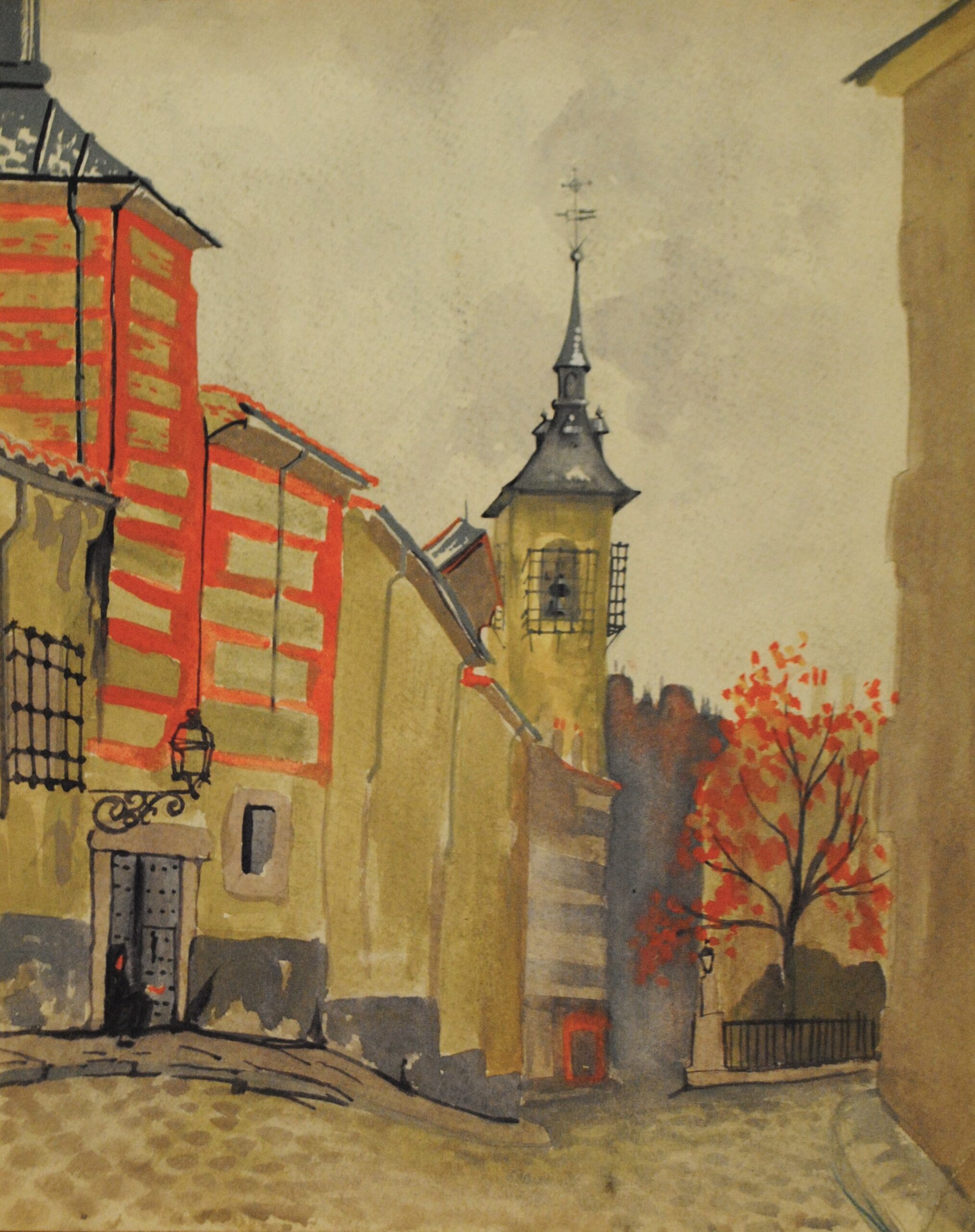 Dibujo de José Manaut titulado Calle con torre, Francia. Acuarela.