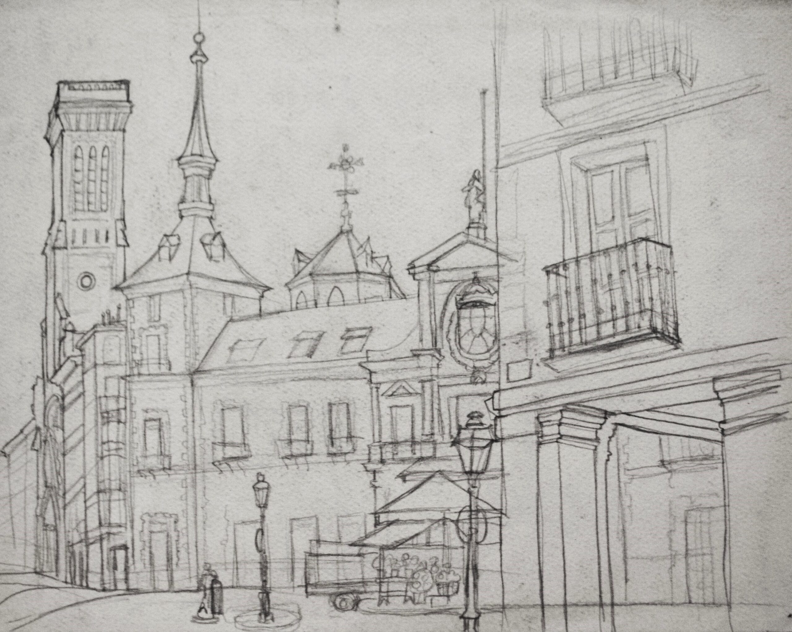 Dibujo de José Manaut titulado Calle con torre pizarra. Lápiz sobre papel.