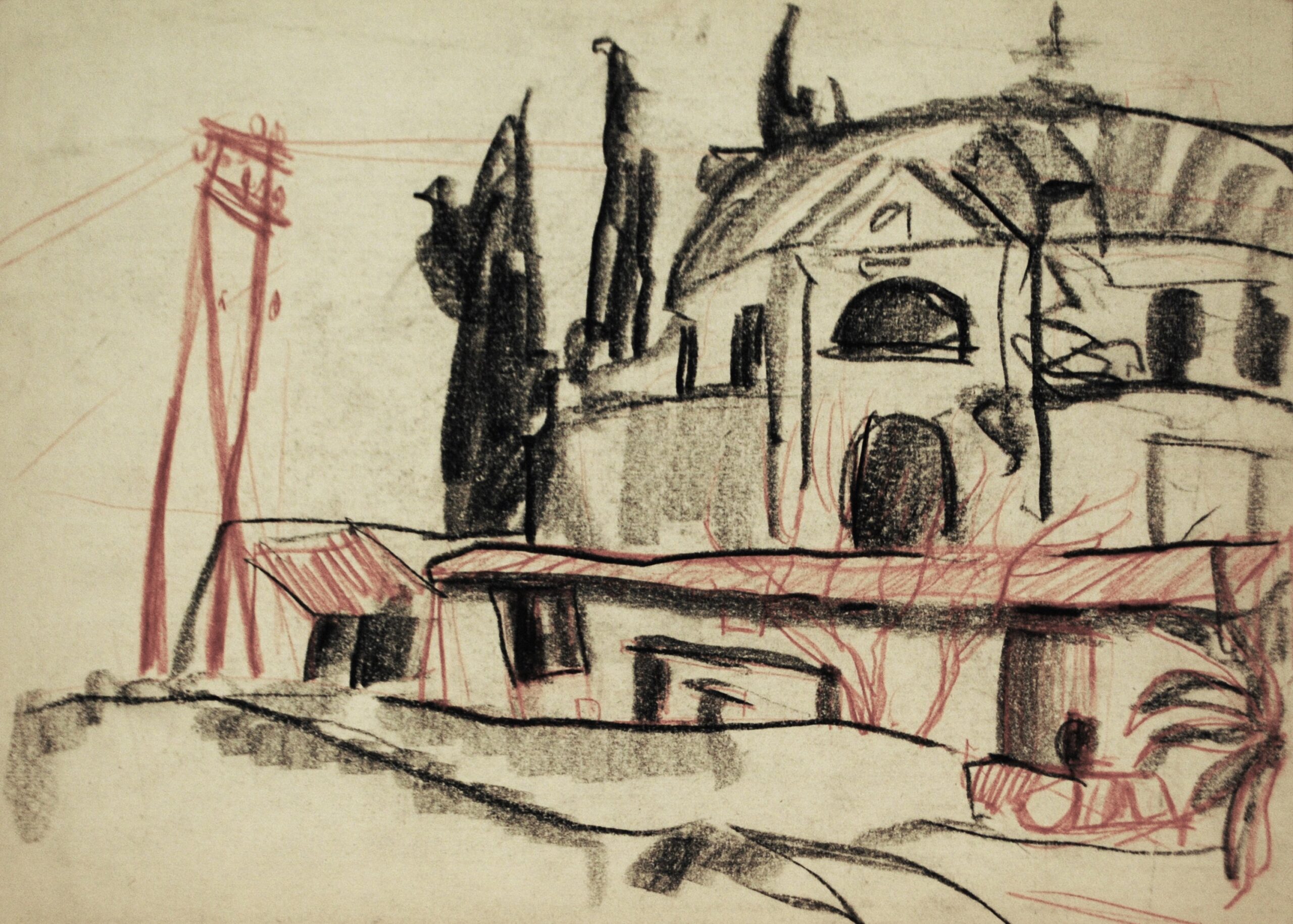 Dibujo de José Manaut titulado Iglesia con cipreses. Carboncillo y lápiz color sobre papel.