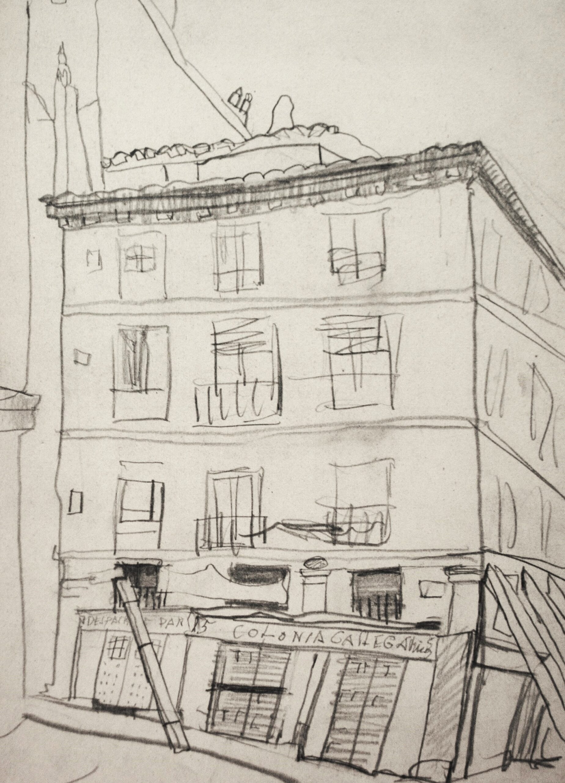 Dibujo de José Manaut titulado Casas apuntaladas. Lápiz sobre papel.