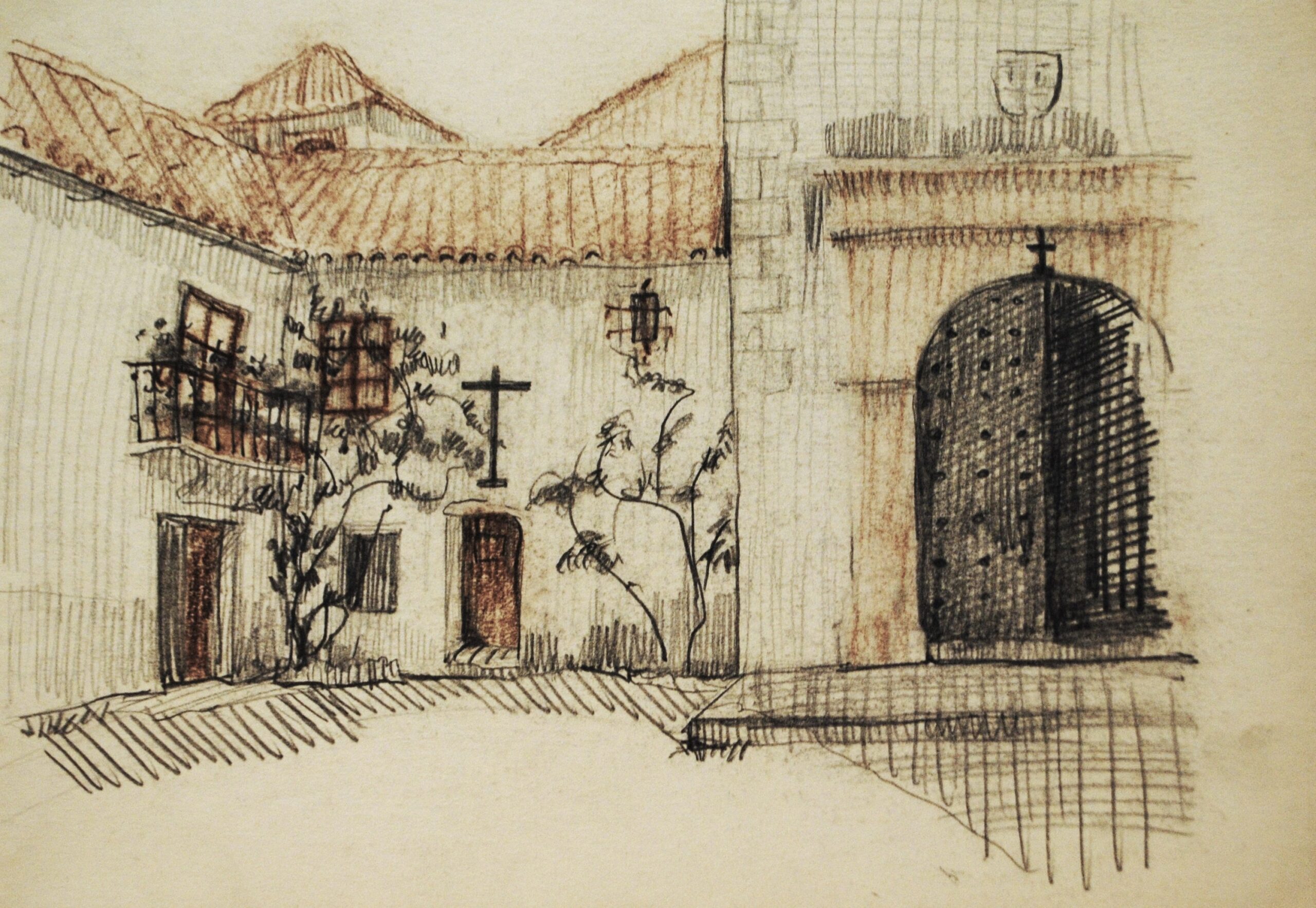 Dibujo de José Manaut titulado Plaza, Andalucía. Lápiz color sobre papel.