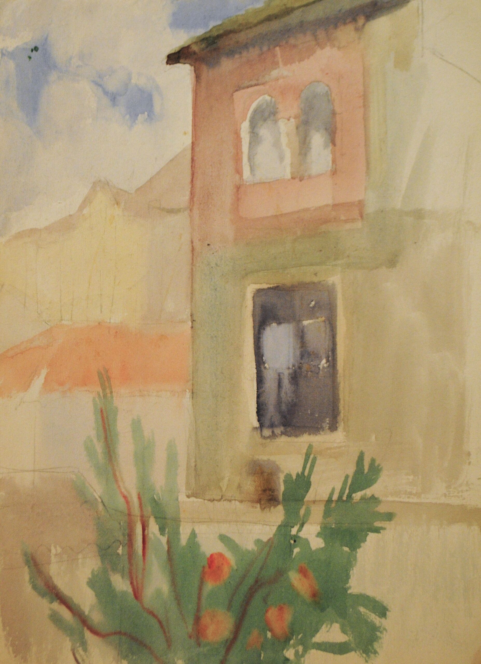 Dibujo de José Manaut titulado Casa con arcos. Acuarela.