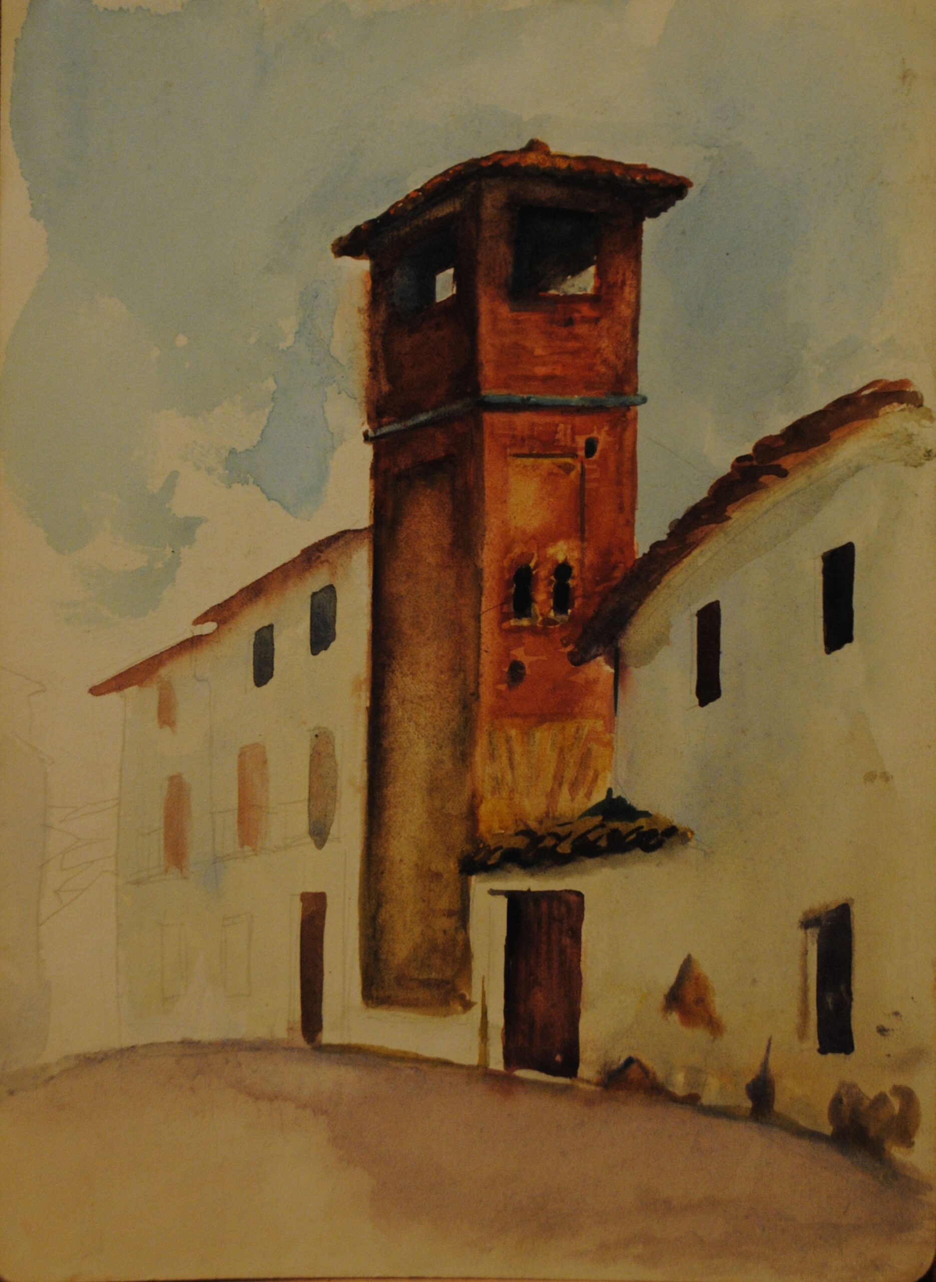 Dibujo de José Manaut titulado Torre y casas. Acuarela.