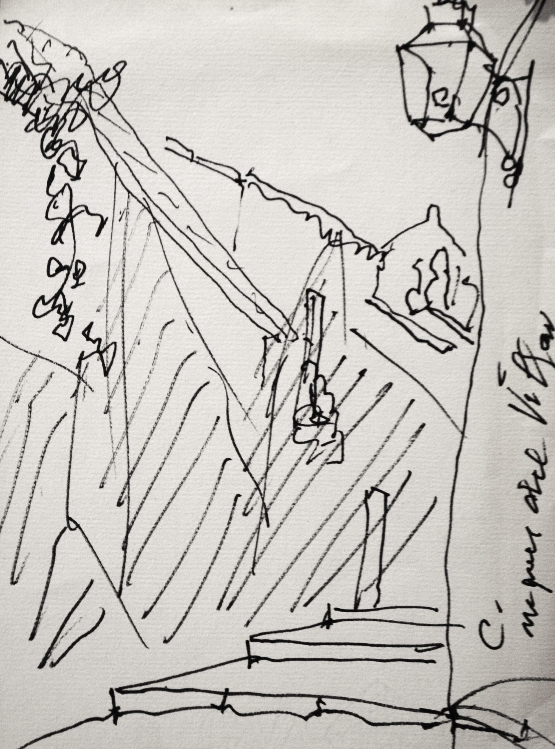 Dibujo de José Manaut titulado Calle marqués del Villán. Tinta sobre papel.
