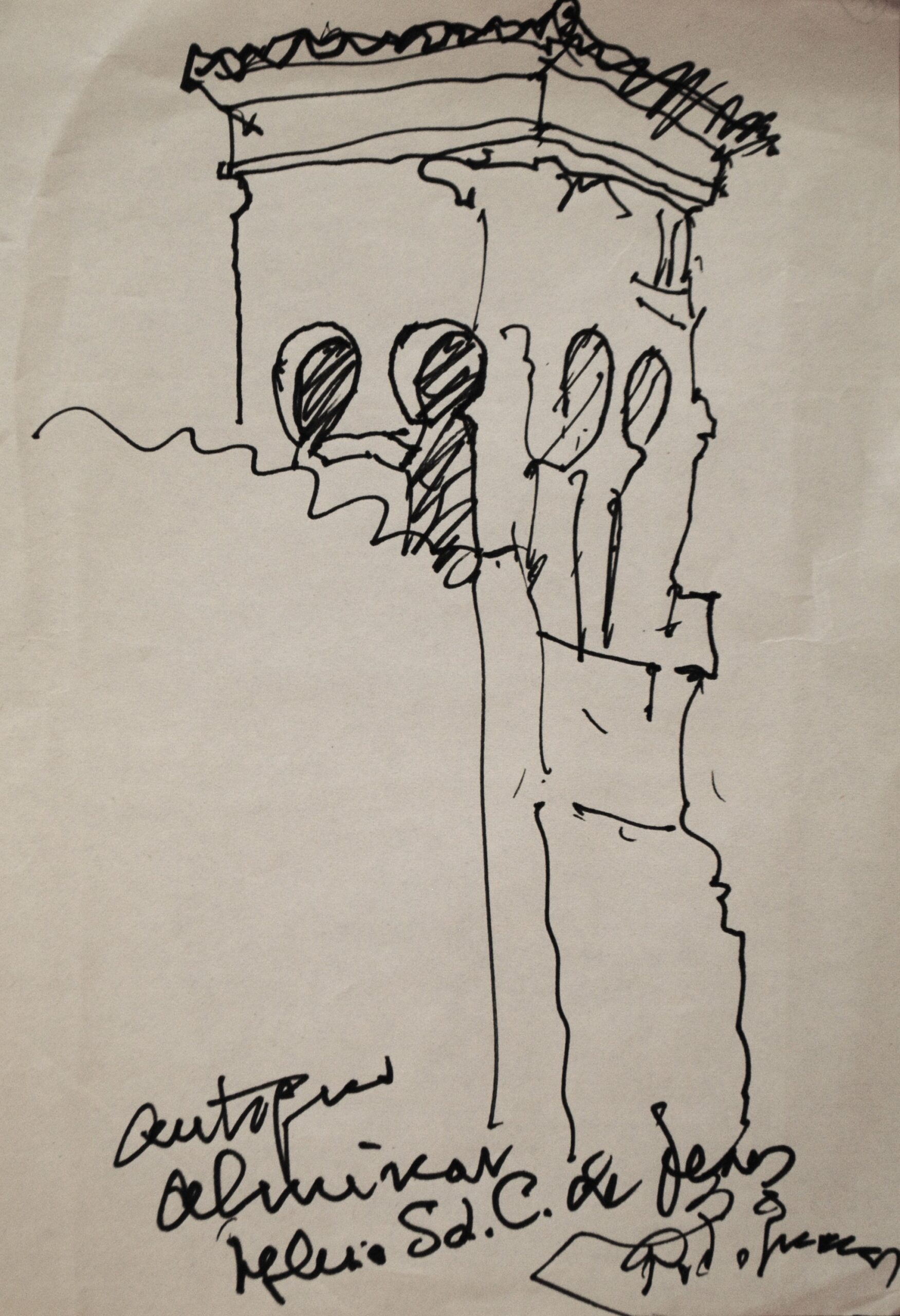 Dibujo de José Manaut titulado Alminar iglesia. Tinta sobre papel.