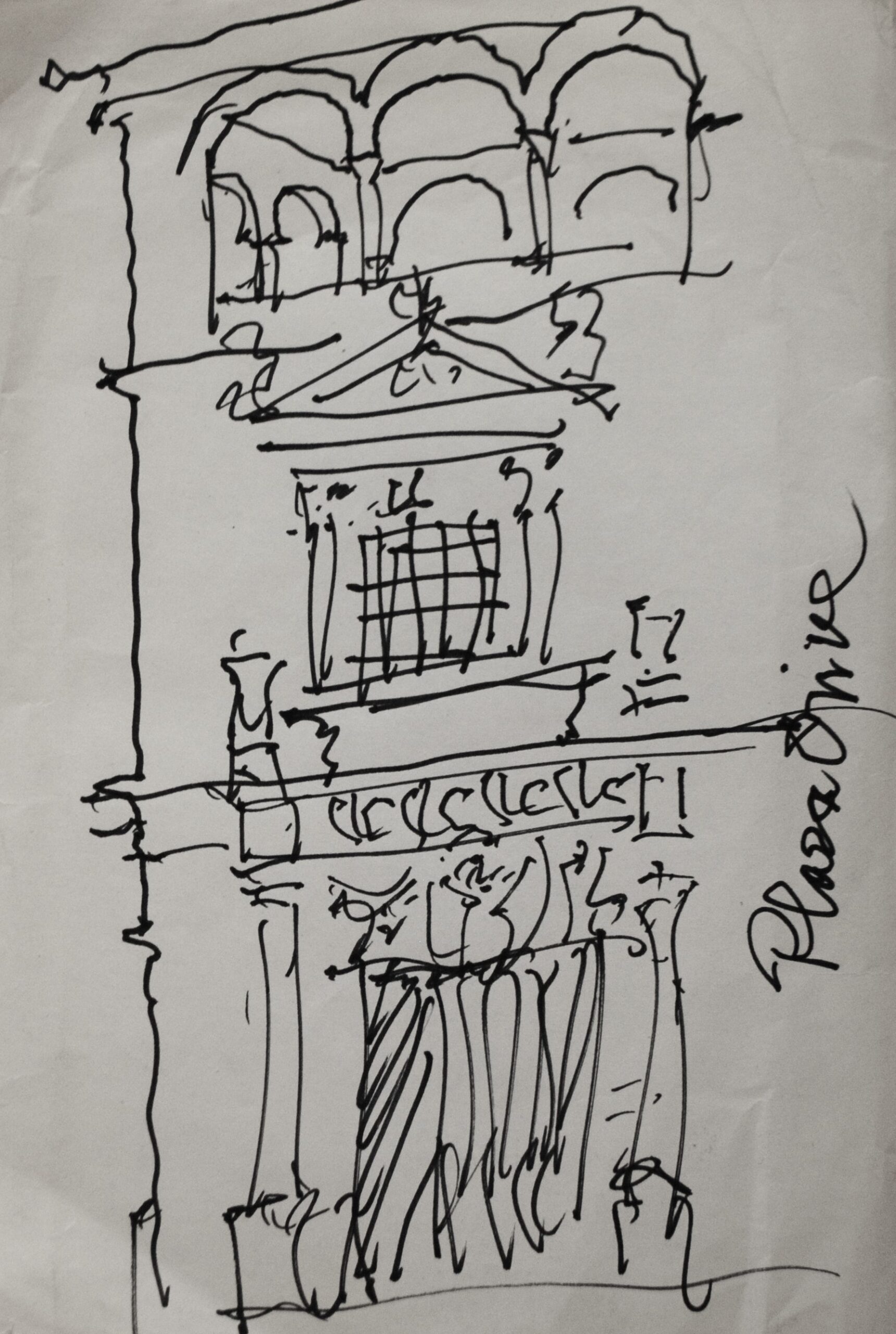 Dibujo de José Manaut titulado Plaza Onive. Tinta sobre papel.
