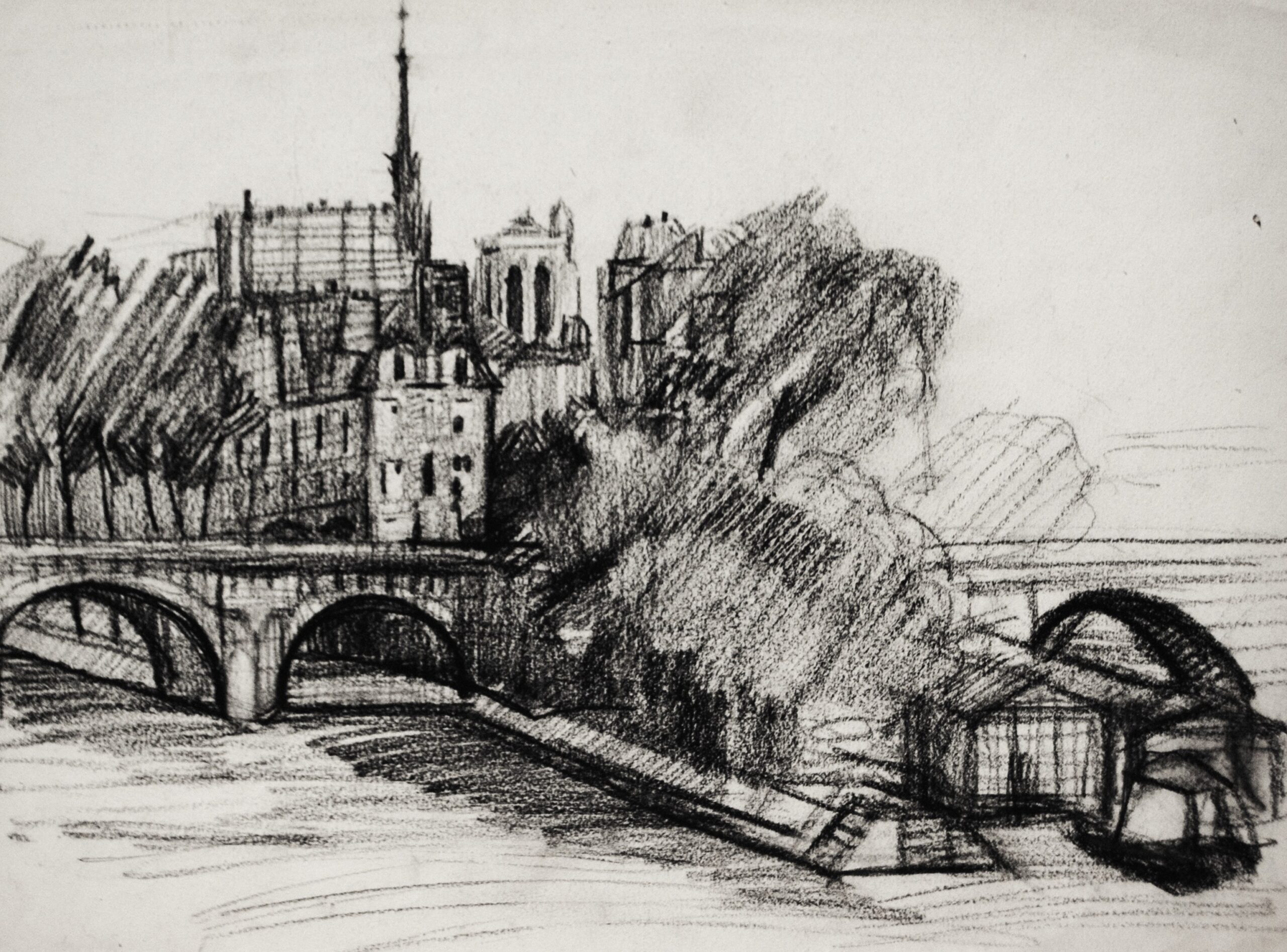 Dibujo de José Manaut titulado Orillas del Sena, París. Carboncillo sobre papel.