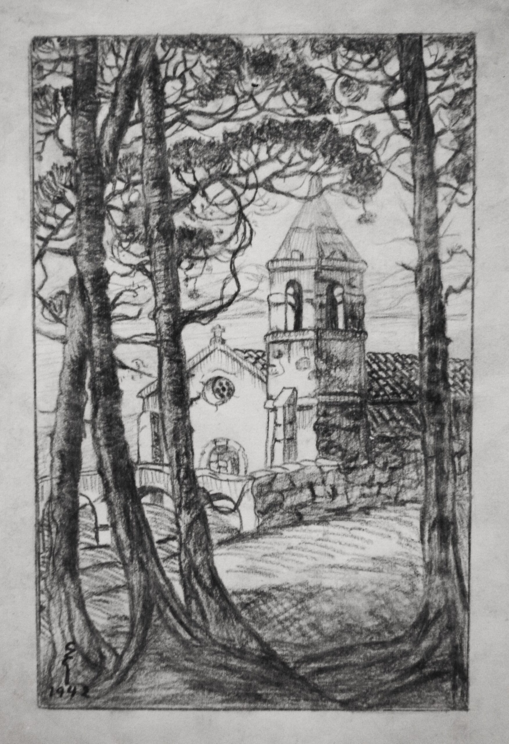 Dibujo de José Manaut titulado Ermita con árboles, 1942. Lápiz sobre papel.